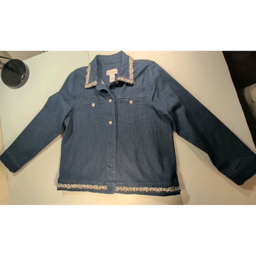 Alfred Dunner Womens Denim Jacket Size 12 Dark Wash Beaded Trim Blue Classic